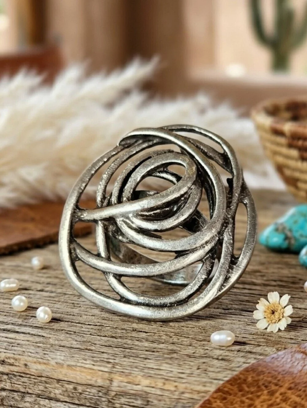 Turkish Zamak Rose Ring Large Statement Adjustable Boho Western Antiqued Silver